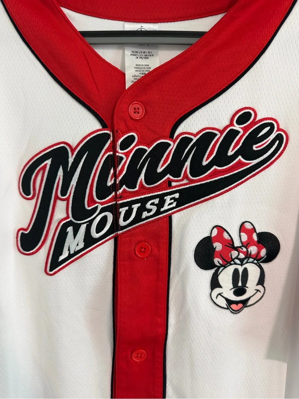 Disney Parks Minnie Mouse 28 White Red Black Adult Baseball Jersey Top Large